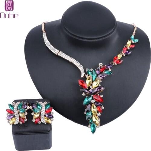 Charm Wedding Jewelry Color Crystal Rhinestones Flower Necklace Earrings Set For Women Fashion Bridal Jewelry Sets