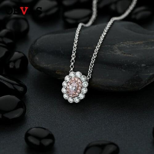 OEVAS 100% 925 Sterling Silver Oval Pink Yellow High Carbon Diamond Pendant Necklace For Women Sparkling Party Fine Jewelry Gift