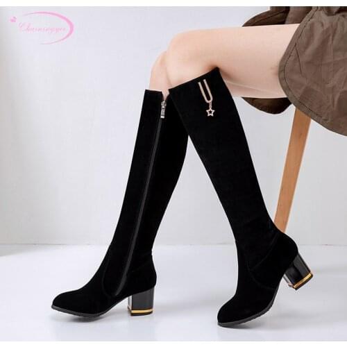 Casual riding boots comfortable round toe flock knee high boots fashion zipper metal decoration high-heeled chunky womens shoes
