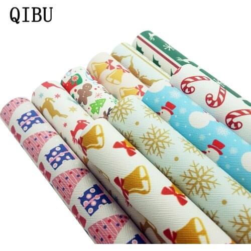 QIBU Christmas Bow Fabric Faux Leather Sheets Printed Leather Fabric PU Vinyl DIY Hairbow Bags Materials Synthetic Leather 1pcs
