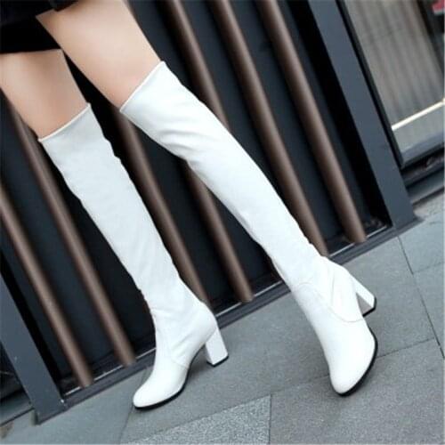 PXELENA Fashion Knee High Boots Womens Winter Boots Thick Chunky High Heel Long Boots Round Slip On Shoes Woman Plus Size 34-43