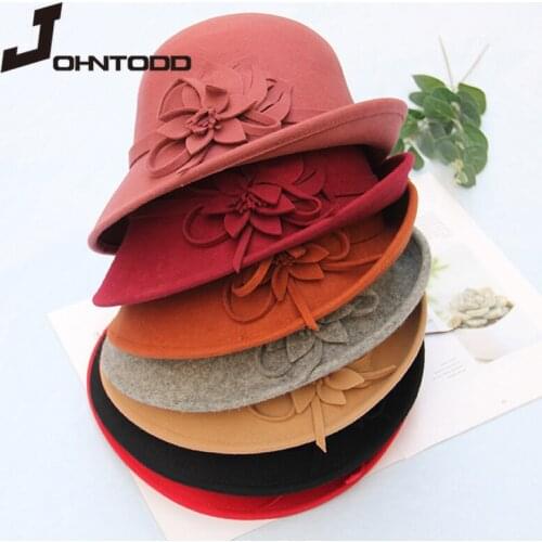 Fashion Ladies Hat Solid Color Feather Flower Pearl Curling Formal Hat Wool Hat Cap Ladies Elegant ChapeauFemme Flower beret