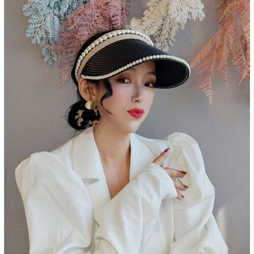 New Women Summer Empty Top Straw Hat Visor Wide-brimmed Pearl Sun Hat Beach Hat Adjustable UV Protection Female Cap Packable