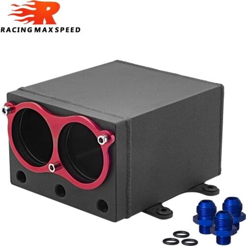 High Quality 60mm Dual External 044 Fuel Pump Tank Racing Black Billet Aluminium Oil catch Can Dual Port Fuel Surge Tank