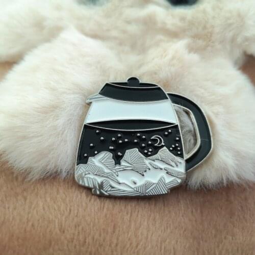 Nature Coffee Pot Enamel Pin Mountain Forest Adventure Teapot Moon Star Button Badge Travel Brooch Pin Women Men Outdoorsy Gifts