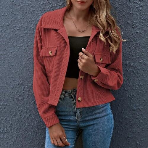 Autumn Womens Cropped Jacket Female Pockets Solid Color Short Jackets Ladies 2021 New Fashion Button Casual Cool Coats