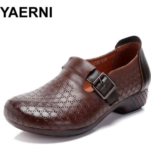 YAERNI Spring Flat Shoes Woman 2019 Vintage Flats Women Casual Shoes Genuine Leather Soft Bottom Ladies Leather Shoes Size 41