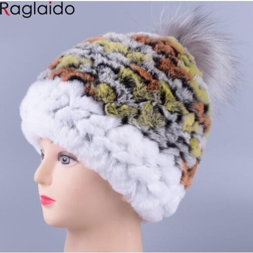 Winter Hats for Women Genuine Real Rex Rabbit Fur Knit Hat Fox Fur Ball Warm Patchwork Pompom Beanie Cap