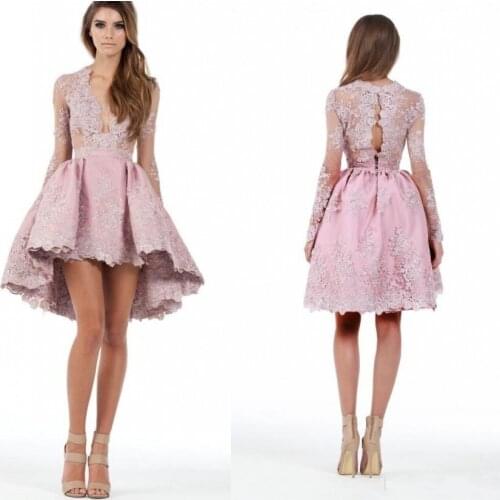 2020 Custom Made Sexy Long Sleeves High Low Cocktail Party Dresses Lace Applique Plunging Homecoming Gowns Prom Short Mini Dress