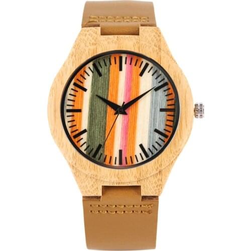 Colored Stripes Dial Bamboo Wood Men Watches Brown Genuine Leather Quartz Mens Casual Wrist Watch New Fashion Male Clock reloj