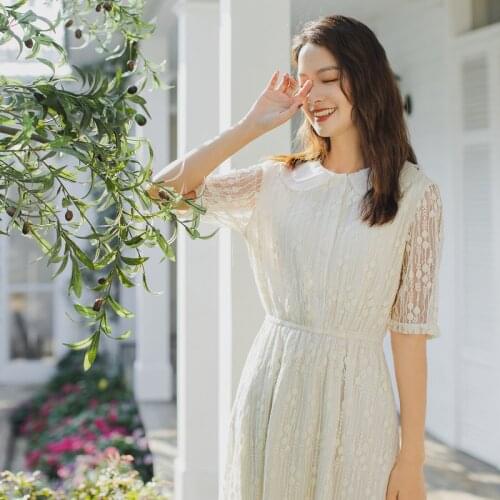 INMAN Summer Double Lapels Lace Gauze Elegant Temperament Nipped Waist Fairy Half Sleeve Dress