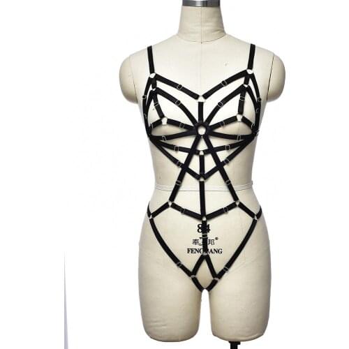 Gothic Clothes Hollow Out Body Harness Belt Black Sexy Lingerie Set Pole Dance Rave Bandage Body Cage Goth Punk Bodysuit