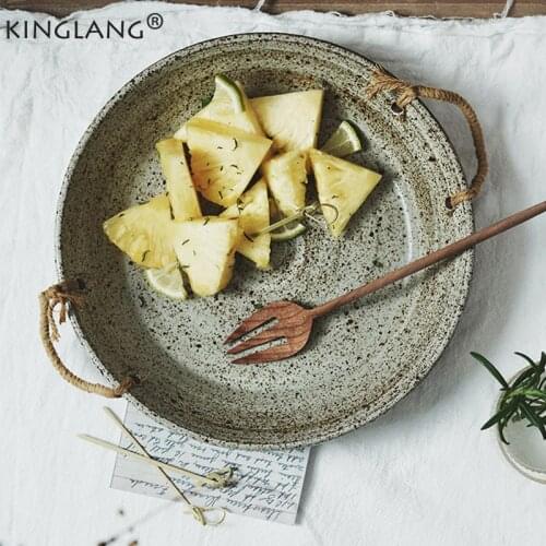 KINGLANG Handmade Japanese Coarse Pottery Dinner Plate Rope Handle Fruit Dish Display Rice Dish Tray
