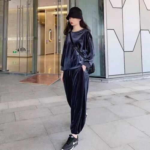 Two piece set Europese Station Herfst Mode Pak Goud Fluwelen Vleermuis Mouwen Grote Maat Losse Wijde Pijpen Broek Twee Sets Van