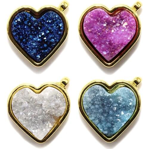 Colorful Genuine Heart Druzy Pendant Goldtone Plated Women Jewelry Heart-shaped for Mothers Day
