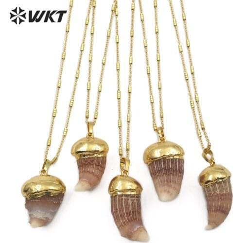WT-JN094 Natural Astroies Pendant Tooth Shape Pendant With Gold Capped Real Coral Fossils Gold Link Chain Necklace Jewelry