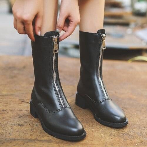 Womens 2021 new front zipper short boots womens thick heel Vintage Martin boots womens middle tube inverted boots