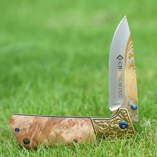 Damascus Knives 7CR18MOV Steel Color Wood Handle Folding Knife Tactical Knife Outdoor Hunting Camping Survival Knife + Gift Box