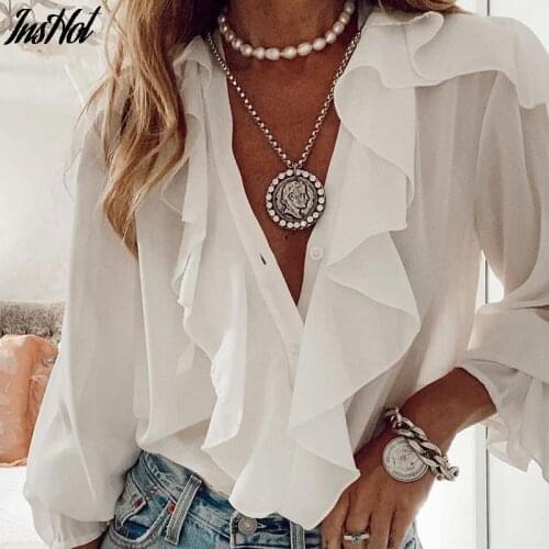 Autumn Winter Women V Neck Ruffle Blouse Shirt Long SleeveThick Pullover Top Womens Clothing Blusas Mujer De Moda 2021