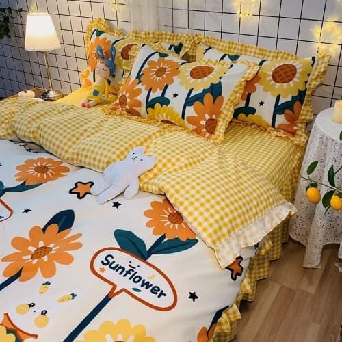 Ins bed skirt 4pc bedding princess style quilt bed sheets pillowcase bedspreads queen bedroom decoration. cubrecamas