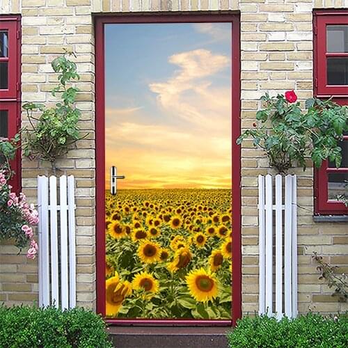 PVC Door Sticker Sunflower at Dusk 3D Scenery DIY Self Adhesive Waterproof Wallpaper Kitchen Bedroom Wall Decals Home Decor