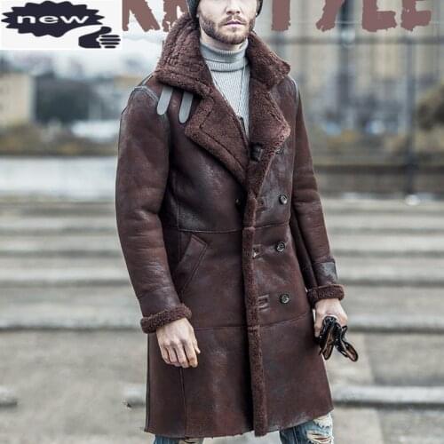 Luxury Mens Military Original Shearling Long Jacket Vintage 100% Real Fur Warm Overcoat Air Force Natural Leather Biker Coats