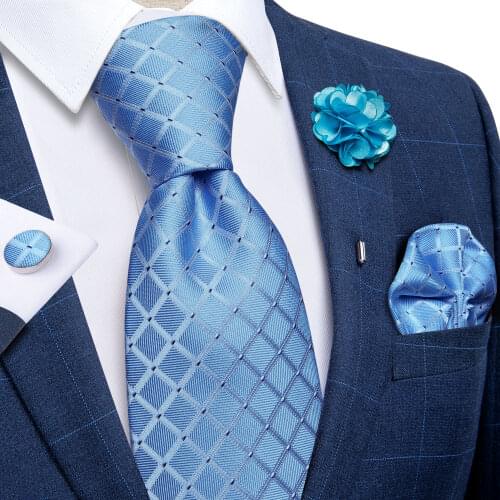 Blue Plaid Striped Ties For Men Wedding Party Luxury Tie Set Brooch Handkerchief Cufflink Fashion Men Accessories 8cm Neck Tie