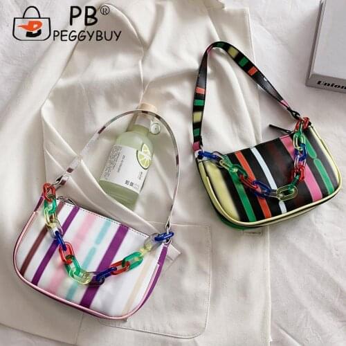 2021 Pleated Female Handbag Vintage Women Color Stripes PU Underarm Bag Ladies Thick Chain Printing Handbags Women