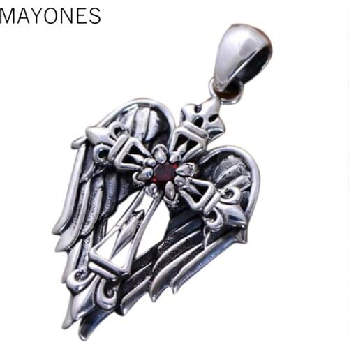 MAYONES Real 925 Sterling Silver Vintage Cross Pendant With Angel Wings Male Christian Jewelry Inlaid Natural Garnet Stone
