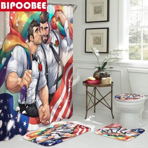 Gay Lover Polyester Waterproof Fabric Shower Curtains Rainbow Bath Mat Toilet Cover Non-Slip Carpet Bathroom Curtain with Hooks