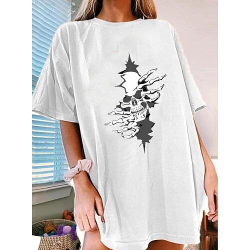 Woman Skull Print Short Sleeve Oversized Long T Shirt Winter Tops Fashion T-shirts Women 2021 Vintage Clothes Blusa Feminina