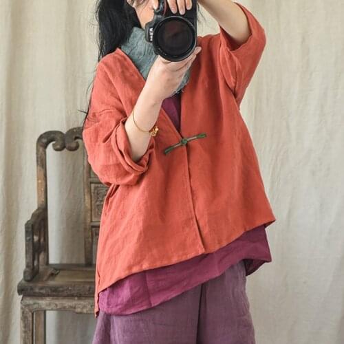 Johnature Women Linen Shirts V-Neck Three Quarter Sleeve Button Clothes 2021 Spring New Solid Color Vintage Chinese Style Blouse