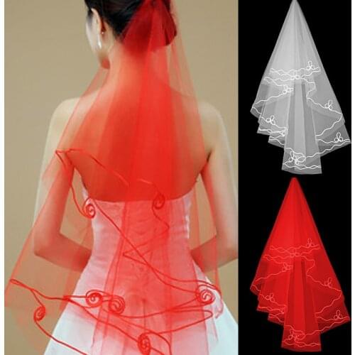 Women One Layer Lace Edge Wedding Veil Red White Short Bridal Veil Wedding & Events Bridal Hair Headbands Gift