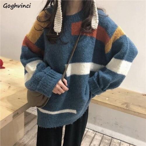 Women Pullovers Knitted Patchwork Casual Autumn Winter Outwear Elegant Female Chic Tops Korean Style Ulzzang Vintage Leisure New