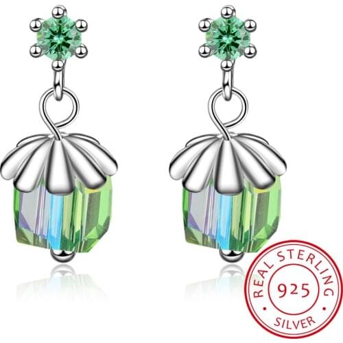 LEKANI 925 Sterling Sliver Women Earrings Crystal Fine Jewelry Flower Cube Stud Earrings Girl Brincos