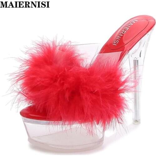 MAIERNISI Fashion Red Fur Pumps Women 14CM High Heels Sexy Transparent Platform High Heel Slippers Female Dress Party Sandals