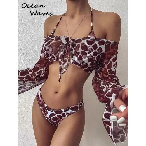 2021 Long Sleeve Smock Women Mesh Bikini Set Leopard Push Up Swimwear 3 Pieces Swimsuit FemaleTie Dye Summer Sexy Bathing Suit