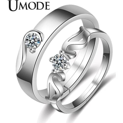UMODE New CZ Crystal Open Cuff Ring Set for Women Clear Cubic Zircon Jewelry White Gold Color Party Wedding Ring Bands AUR0446