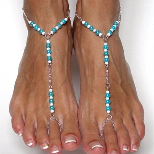 1pcs Summer Fashion Blue White Handmade Beaded Toe Ring Ankle Anklets For Women Boho Beach Anklet Barefoot Sandals Foot Jewelry