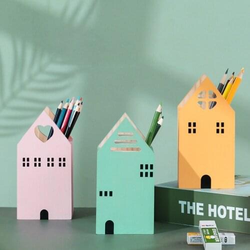 1Pcs Cute House Shape Wooden Pencil Pen Holder Creative Desktop Organizer Container Brush Pot Stationery School Office Supplies