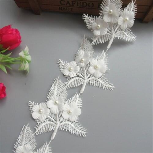 10X White Polyester Pearl Flower Leaf Embroidered Lace Trim Ribbon Fabric Handmade Garment Wedding Dress Sewing Supplies Craft