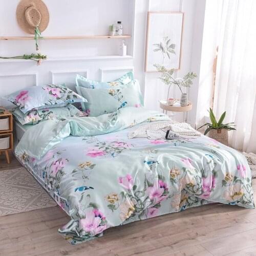 Flowers Birds Satin Silk Bedding Sets Twin Queen King Faux Ice Silk Duvet Cover Set Bed Sheet Pillowcase 3/4pcs Bed Linen Set