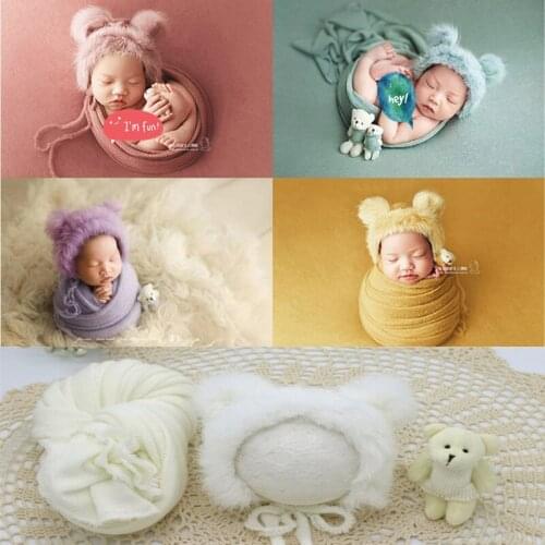 3pcs/set Newborn Photography Props Blanket Hat Baby Photography Wrap Props Bear Doll Baby Photo Accessories