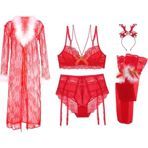 Woman Christmas Red Holiday Underwear Set New Year Gifts Cross Shoulder Strap Bra+Sling Panty+Stockings+Elk Headdress+Robe 5pcs