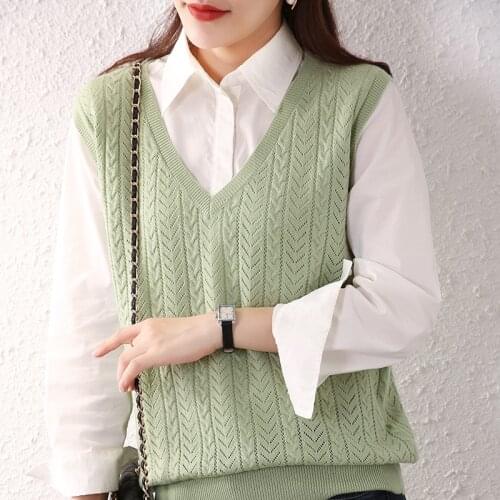 ATTYYWS Hot new product ladies V-neck knitted hollow cashmere wool vest all-match simple sleeveless sweater pure color pullover