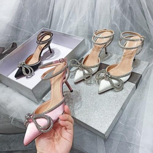 Glitter Rhinestones Women Pumps Runway Style Crystal Bowknot Satin Summer Lady Shoes Genuine Leather High Heels Party Prom Shoes
