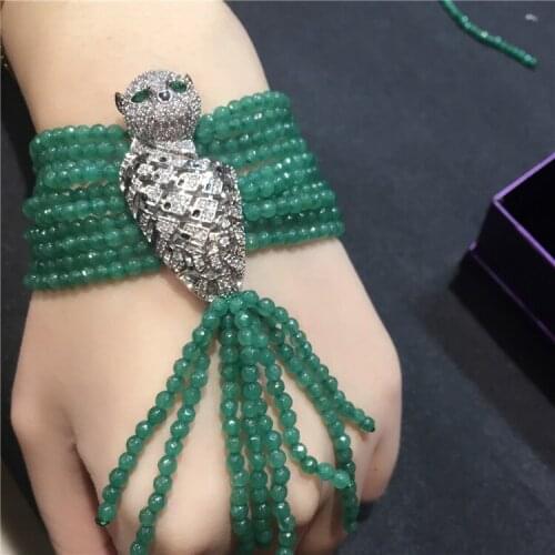 Handmade leopard micro inlay zircon clasp green dongling stone multi-layer tassel bracelet bracelet gift box packing