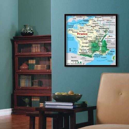 The France Topographic Map Non-woven Large Poster Square Shape Geographic Map Canvas Paintings Study and Travel Supplies