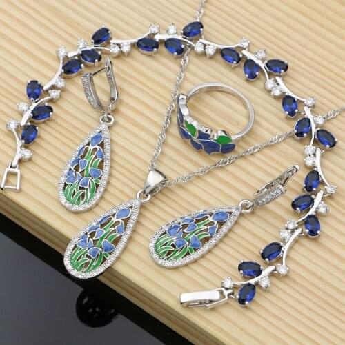 Blue Enamel Silver 925 Jewelry Sets Drop Leaf Earrings for Women Fine Jewelry Handmade Exquisite Jewellry Dropshipping