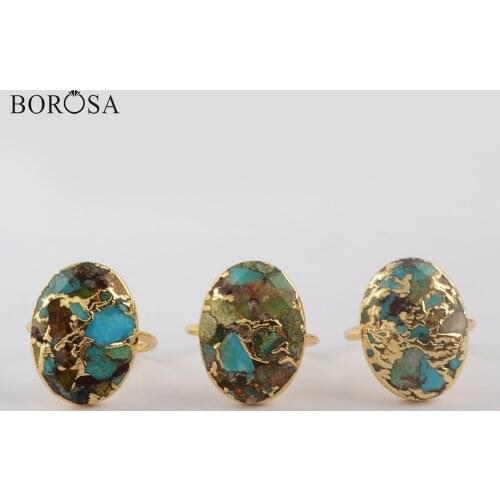 BOROSA 5/10Pcs New Copper Turquoises Ring Natural Stone Rings for Women Gold Rings in Gold Plating Jewelry Christmas Gifts G1934